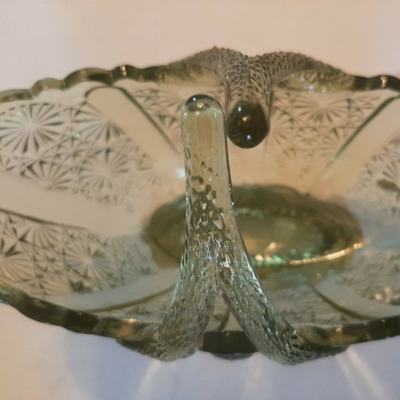 Fenton Green Glass Daisy and Button Oval Basket Split Twig Handle - Picture 7 of 11